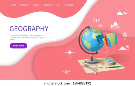 Geography school discipline, globe earth model vector. Map with location compass, population and mountains, landscape and climate on planet icons