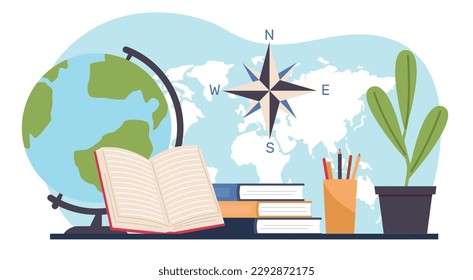 Geography school kit, globe and books, map and writing materials. Travel in foreign countries, objects on table, learning tools cartoon flat isolated colorful vector education concept