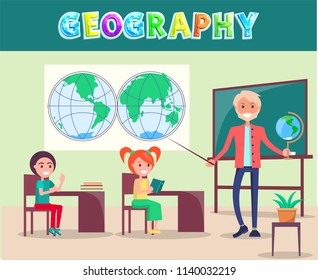 Geography school lesson in classroom with world map, chalkboard and globe poster. Vector teacher and listening children with book cartoon characters.