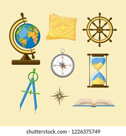 Geography school set with Earth globe, topography map, ship wheel, compass, hourglass, windrose and book icons. Science for kids. Cartoon style vector illustration.