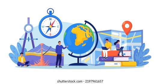 Geography school subject. People research cross section of volcano. Students studying atlas, lands, features, inhabitants of the Earth. Cartography and navigation, geology, environment research