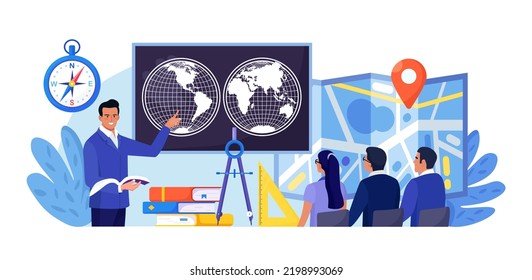 Geography school subject. People studying atlas, lands, features, inhabitants of the Earth. Cartography and navigation, geology, environment research.Teacher pointing at chalkboard, teaching students