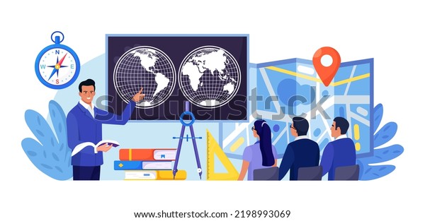 Geography school subject. People studying atlas,\
lands, features, inhabitants of the Earth. Cartography and\
navigation, geology, environment research.Teacher pointing at\
chalkboard, teaching\
students