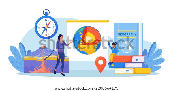 Geography school subject. Pupil studying geology\
in classroom. Teacher pointing at chalkboard, teaching kids.\
Student learn earth mantle. Biosphere, geosphere, lithosphere,\
asthenosphere. Earth\
inside