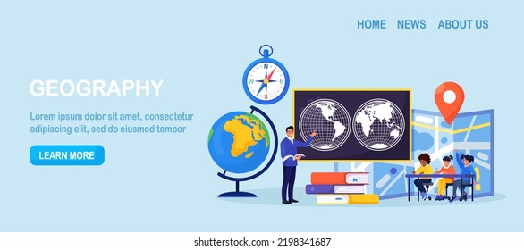 Geografisches Schulfach. Schüler, die Atlas, Land, Merkmale, Einwohner der Erde studieren. Kartographie und Navigation, Geologie, Umweltforschung.Lehrer, die auf Tafeln zeigen, Kinder unterrichten