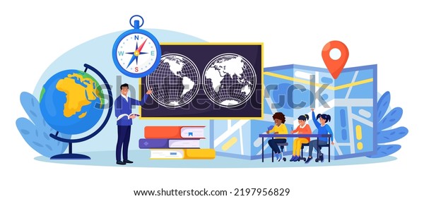 Geography school subject. Pupils studying atlas,\
lands, features, inhabitants of the Earth. Cartography and\
navigation, geology, environment research.Teacher pointing at\
chalkboard, teaching\
kids