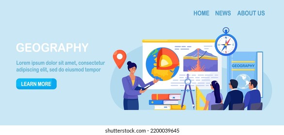 Geography school subject. Students studying geology in classroom, learn earth mantle. Teacher pointing at chalkboard, teaching people. Biosphere, geosphere, lithosphere, asthenosphere. Earth inside