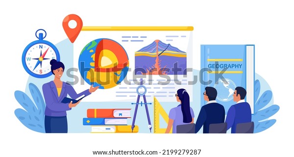 Geography school subject. Students studying\
geology in classroom, learn earth mantle. Teacher pointing at\
chalkboard, teaching people. Biosphere, geosphere, lithosphere,\
asthenosphere. Earth\
inside