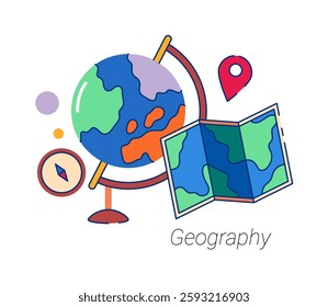 Geography school subject, university or college studies. Vector isolated flat cartoon icon for student curriculum. Knowledge about lands, features and surface of planet Earth. Maps and compass