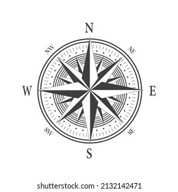 Geography science old compass isolated on white background.Compass wind rose icon logo. Vector stock