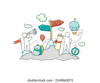 Geography science and school lesson concept. Travel poster with hand drawn people on mountains with map, spyglass, compass, hot air balloon and road guidepost. Vector doodle illustration