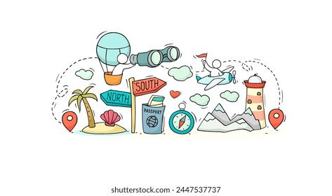 Geografía, ciencia y concepto de lección escolar. Cartel de viaje con personas dibujadas a mano en las montañas con vidrio espía, brújula, globo aerostático y poste guía de la carretera. Vector doodle ilustración