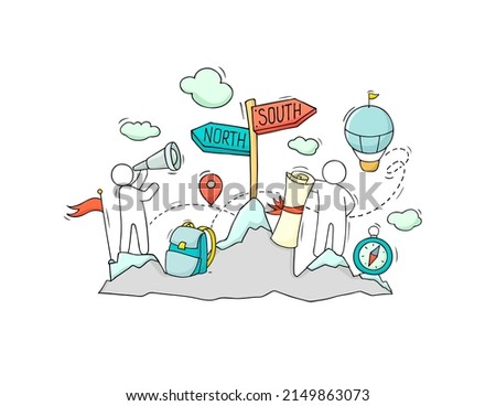 Geography science and school lesson concept. Travel poster with hand drawn people on mountains with map, spyglass, compass, hot air balloon and road guidepost. Vector doodle illustration
