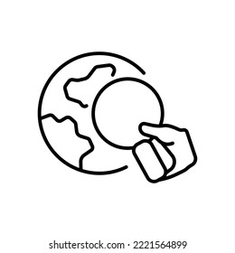 Geography set icon. Cartography, navigation equipment, navigator, planet, search, magnifier, pointer, map, atlas, compass, north, south, east, west. Geolocation concept. Vector line icon