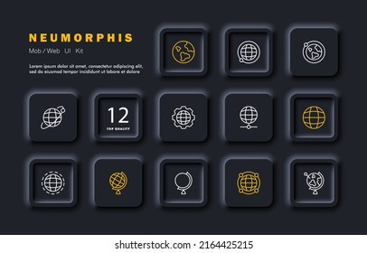 Icono de conjunto geográfico. Globo, mundo, órbita, eje, ecuador, tierra, planeta, espacio, sistema solar, espacio. Cartografía y concepto topográfico. Estilo neomorfista. Icono de línea de vector para negocios y publicidad