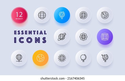 Geography set icon. Globe, world, orbit, axis, equator, earth, planet, space, solar system, cosmos, universe. Topography concept. Neomorphism style. Vector line icon for Business and Advertising