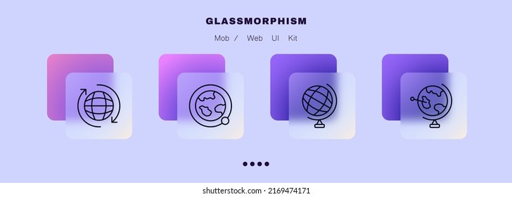 Geography Set Icon. Globe, World, Route, Map, Pointer, Earth, Planet, Space, Solar System, Cosmos, Universe. Topography Concept. Glassmorphism Style. Vector Line Icon For Business And Advertising