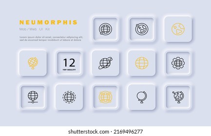 Geography set icon. Globe, world, orbit, axis, equator, earth, setting, space, geolocation, cosmos, universe. Topography concept. Neomorphism style. Vector line icon for Business and Advertising