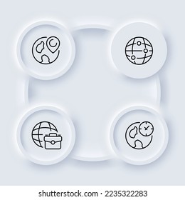Icono de conjunto geográfico. Globo, mundo, órbita, eje, ecuador, tierra, entorno, espacio, geolocalización, cosmos, universo. Concepto de topografía. Neomorfismo. Icono de línea de vector para empresas