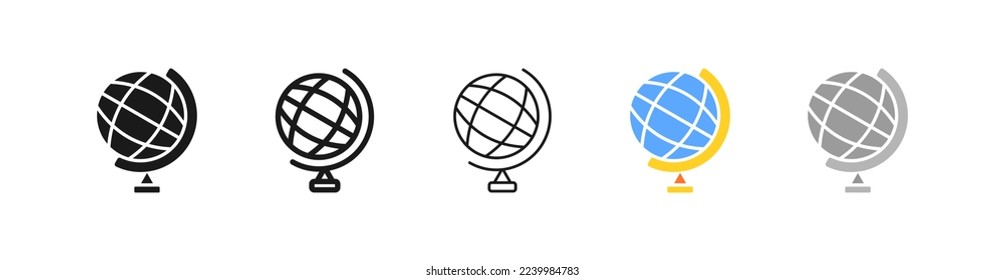 Icono de conjunto geográfico. Globo, mundo, órbita, eje, ecuador, tierra, entorno, espacio, geolocalización, cosmos, universo. Concepto de topografía. Vector cinco ícono de estilo diferente en fondo blanco
