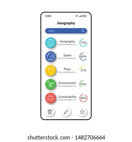 Geography smartphone interface vector template. Mobile app page white design layout. Self-study materials screen. Flat UI for application. School subjects, nature study progress phone display
