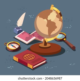 Geography sphereand icons on green background