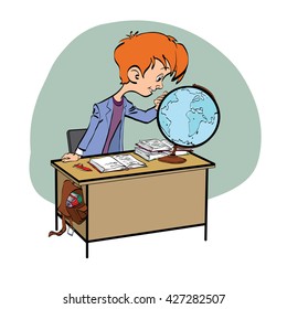 Geography, Student boy looking globe