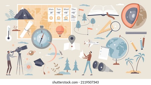 Geography study elements, travel map and geology items tiny person collection set. Earth and planets knowledge mini scenes with topography, weather forecast and adventure assets vector illustration.