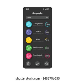 Geography study smartphone interface vector template. Mobile app page black design layout. School subject categories screen. Flat UI for application. Teaching geography knowledge phone display