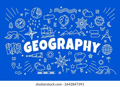 Símbolos e ícones da geografia no quadro escolar. Bússola de giz de esboço vetorial, globo terrestre e sinais do mapa do mundo, rosa dos ventos e estrela do Norte, nuvens e setas no fundo