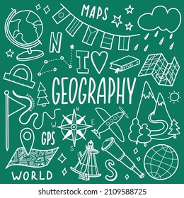 Geography symbols icons set. School subject design. Education outline sketch in doodle style. Study, science concept. Back to school background for notebook, sketchbook.