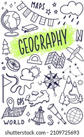 Geography symbols icons set. School subject design. Education outline sketch in doodle style. Study, science concept. Back to school background for notebook, sketchbook.