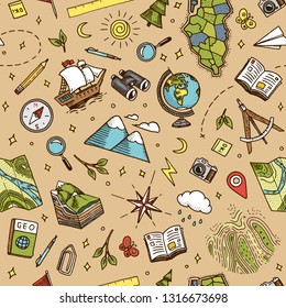 Geography symbols seamless pattern. Equipments for web banners background. Vintage outline sketch for web banners. Doodle style. Education concept. Back to school background. Hand drawn style.