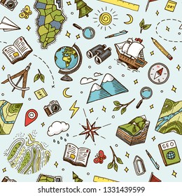 Geography symbols seamless pattern. Equipments for web banners background. Vintage outline sketch for web banners. Doodle style. Education concept. Back to school background. Hand drawn style.