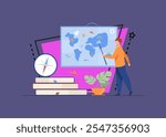 Geography teacher in class. Speaker presenting world map, using pointer near stack of books and compass. Vector illustration for education, school, travel, planet concept