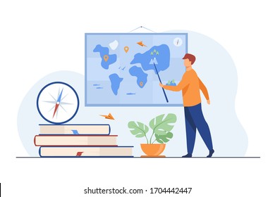 Geography teacher in class. Speaker presenting world map, using pointer near stack of books and compass. Vector illustration for education, school, travel, planet concept