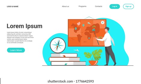 Profesor de geografía en clase. Altavoz que presenta el mapa del mundo, usando puntero cerca de pila de libros y brújula. Ilustración vectorial para la educación, la escuela, los viajes, el concepto de planeta