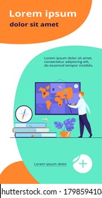 Geography teacher in class. Speaker presenting world map, using pointer near stack of books and compass. Vector illustration for education, school, travel, planet concept