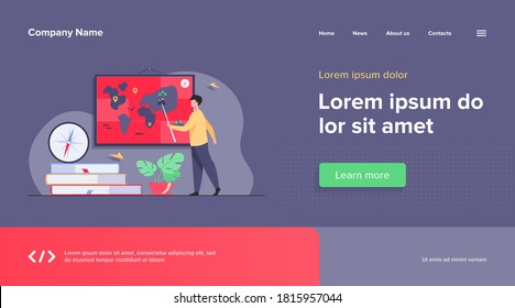 Geography teacher in class. Speaker presenting world map, using pointer near stack of books and compass. Vector illustration for education, school, travel, planet concept
