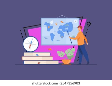 Geography teacher in class. Speaker presenting world map, using pointer near stack of books and compass. Vector illustration for education, school, travel, planet concept