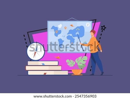 Geography teacher in class. Speaker presenting world map, using pointer near stack of books and compass. Vector illustration for education, school, travel, planet concept