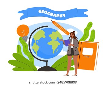 Geography teacher concept. Woman with tablet against background of globe and pencil. Education and training, learning. Poster or banner. Cartoon vector illustration isolated on white background