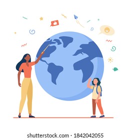 Profesor de geografía explicando la lección al alumno. Mujer con puntero y niña en el planeta modelo de ilustración plana vectorial. Concepto de educación escolar para banner, diseño de sitios web o página web de aterrizaje