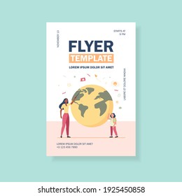 Geography teacher explaining lesson to pupil. Woman with pointer and girl at planet model flat vector illustration. School education concept for banner, website design or landing web page