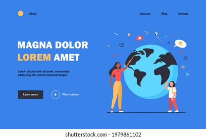 Geography teacher explaining lesson to pupil. Woman with pointer and girl at planet model flat vector illustration. School education concept for banner, website design or landing web page