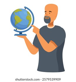 Geography teacher holding a globe and pointing at world map while explaining a lesson