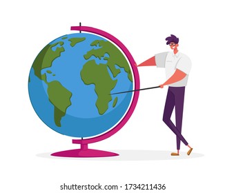 Geography Teacher Male Character Conducting Class Pointing on Huge Globe Stand in Classroom Isolated on White Background. School Worker, Professional Tutor Occupation. Cartoon Vector Illustration