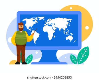 Geography teacher. Male teacher in glasses stands with a pointer. World map on computer display. Background with monitor. Vector graphics