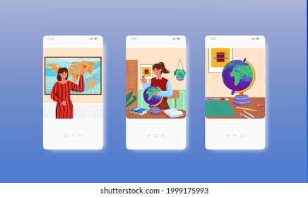 Profesor de geografía, mapa, globo. Educación escolar. Pantallas de aplicaciones móviles, plantilla de banner del sitio vectorial. UI, diseño de sitio web