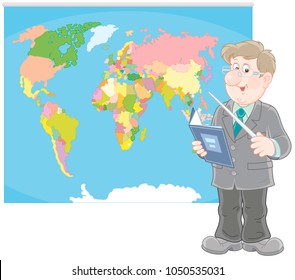 Geography teacher with a schoolbook and a pointer standing near a world map